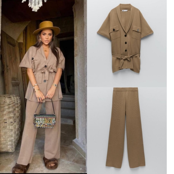 Zara 2 Pieces Belted Knit Jacket Pants 
